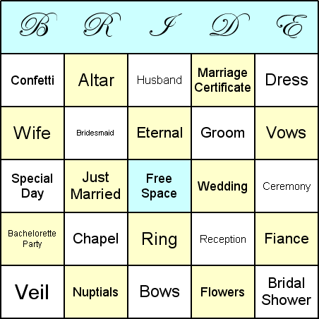 Bridal Shower Bingo Card